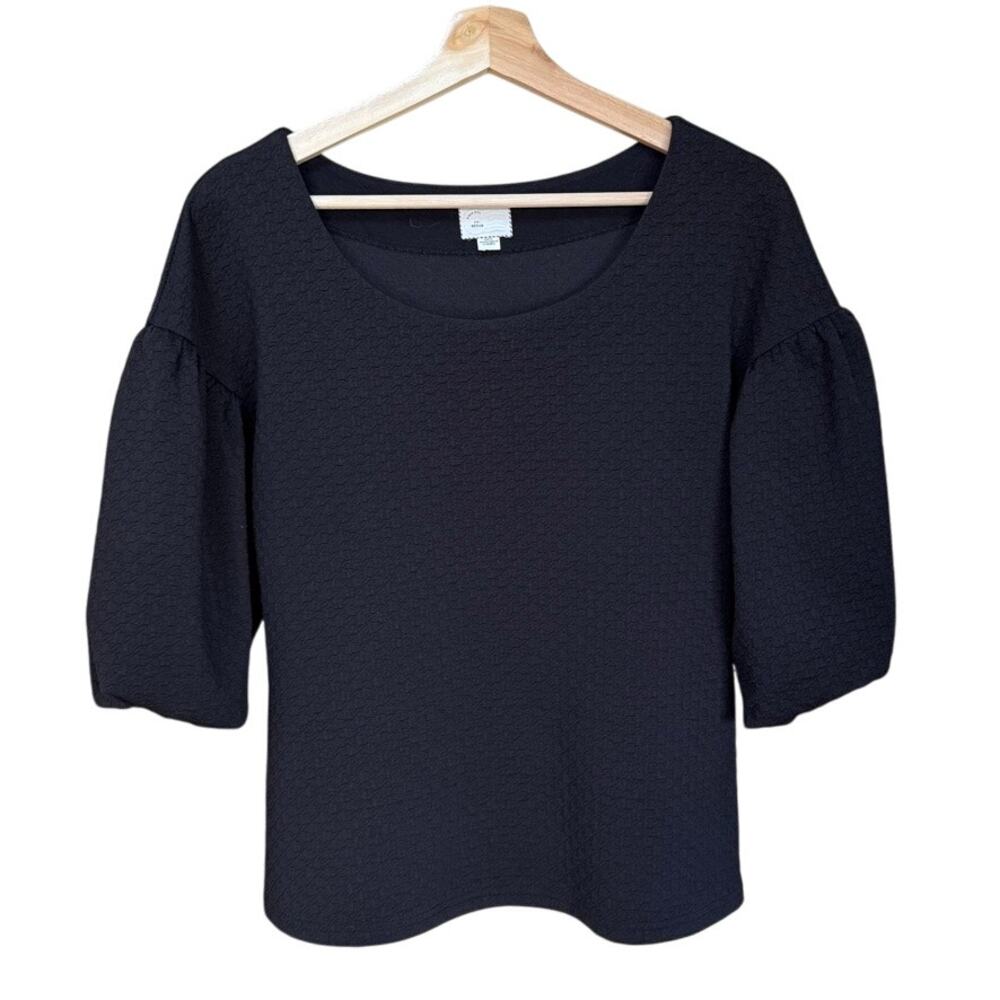 Anthropologie Black Houndstooth Textured Stretch Knit Balloon Sleeve Top Sz M